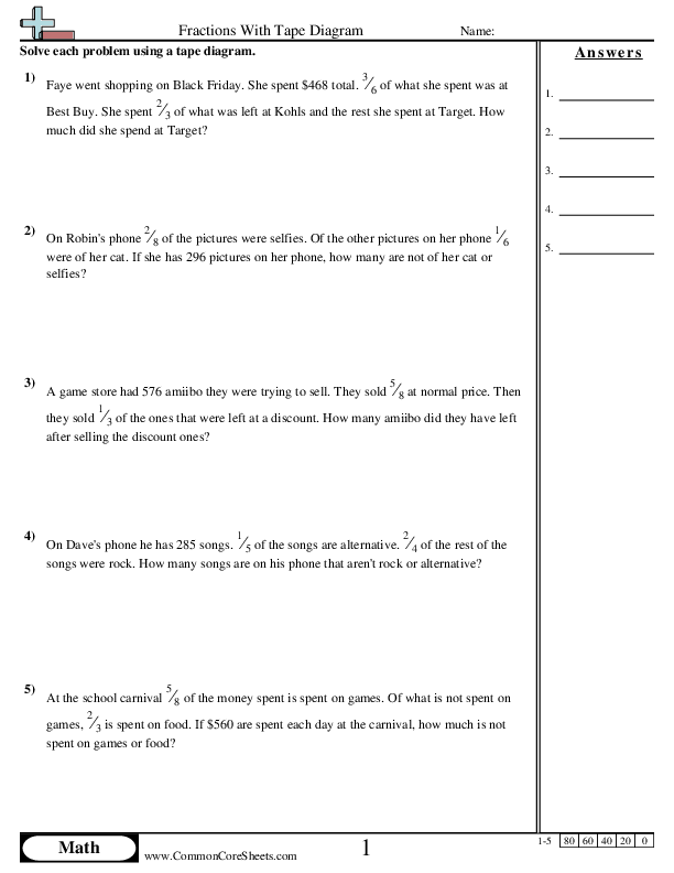 Fractions With Tape Diagram worksheet